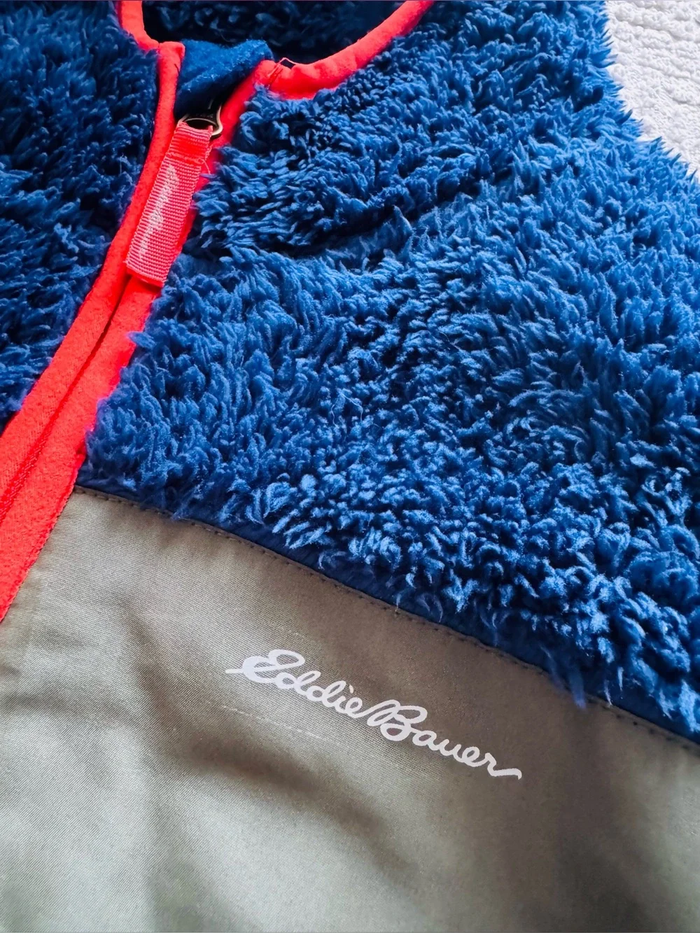 Eddie Bauer Navy Sherpa Hoodie with Olive Panels and Orange Trim